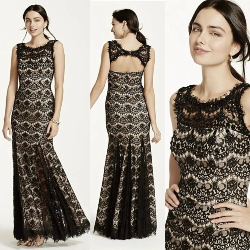 Betsy & Adams Victorian All Over Lace Beaded Jeweled Maxi Gown 37490